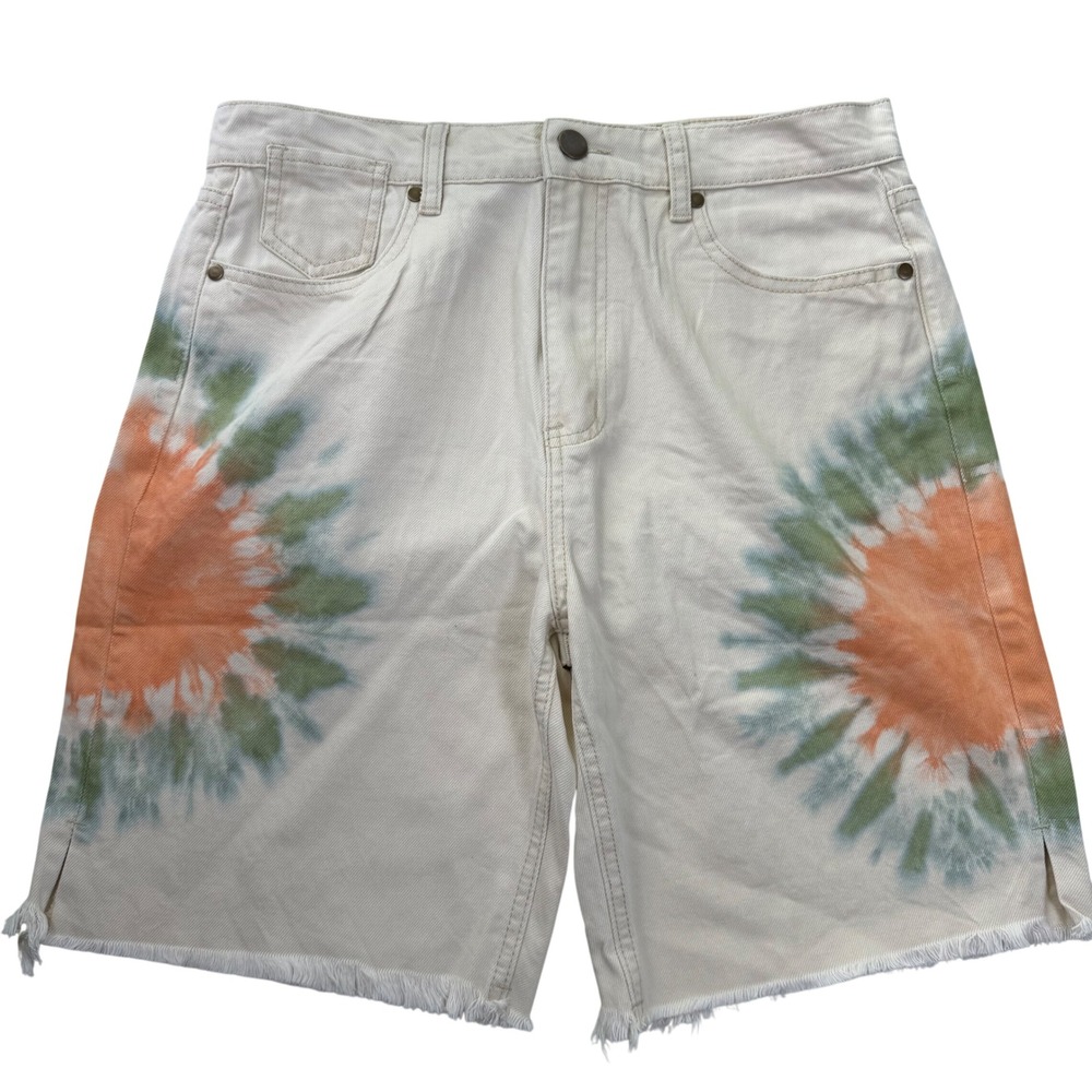Easel 100% Cotton Tie Dye Denim Shorts Women Boho Frayed Hem Bermuda Size L